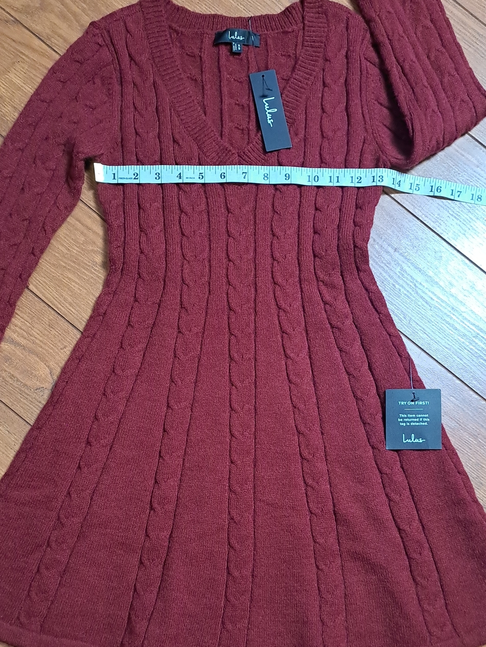 NWT Lulus Sweetly Seasonal Burgundy Cable Knit Sweater Mini Dress XS - Picture 5 of 9